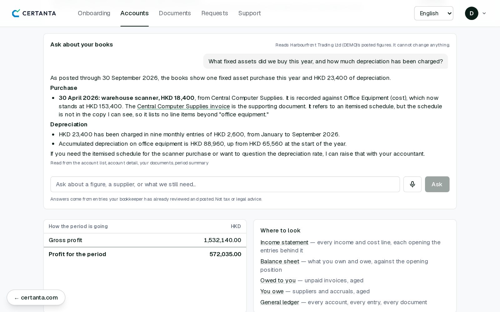 The Certanta client portal for the fictional demo company Harbourfront Trading Ltd. Question to the AI assistant: What fixed assets did we buy this year, and how much depreciation has been charged? Answer: as posted through 30 September 2026, one purchase on 30 April 2026, a warehouse scanner of HKD 18,400 recorded against Office Equipment (cost), now HKD 153,400, with a link to the supplier invoice; HKD 23,400 of depreciation in nine monthly entries of HKD 2,600; accumulated depreciation HKD 88,960, up from HKD 65,560.