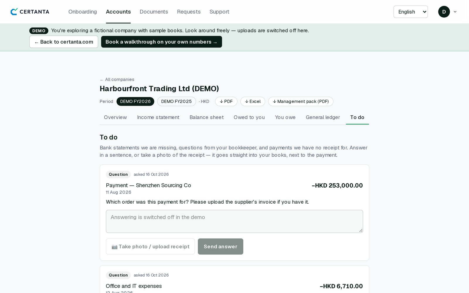 The Certanta client portal, to-do list for the demo company: questions from the bookkeeper about specific payments, with a box to answer and a button to take a photo of the receipt or upload it.